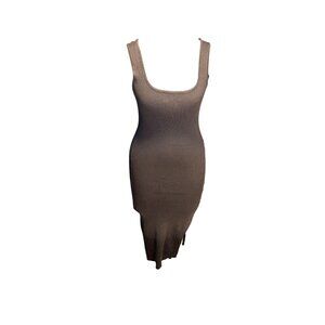 Brown Ribbed Knit Sleeveless Sheath Midi Dress With Side Button Detail Size L